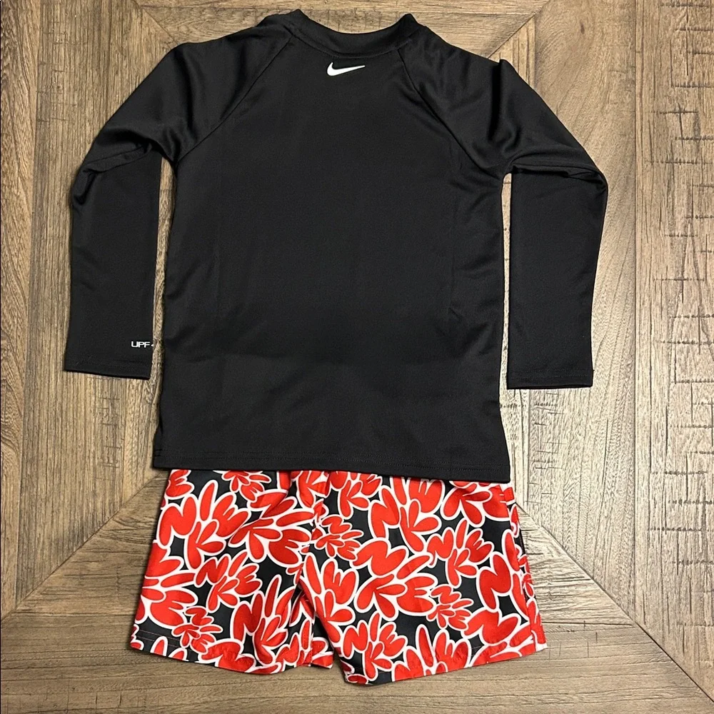Nike Boys Rashguard/Swim Trunk Set Black/Red Size 5 NWT
